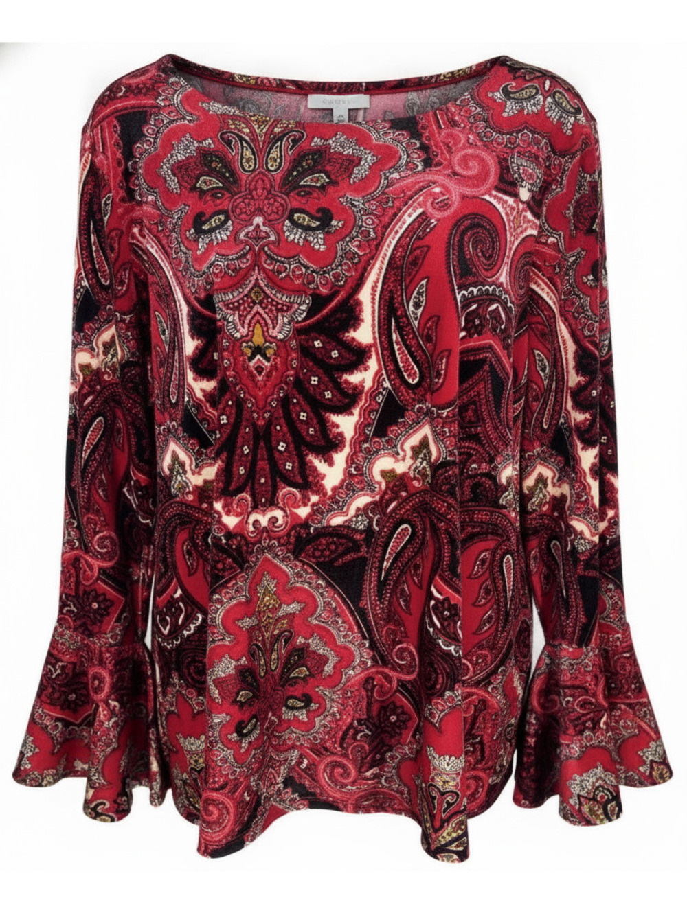 Chico’s Red Paisley Bell Sleeve Blouse Chico’s Whimsigoth Size 2 Large